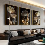 3PCS SET Luxury Canvas Print Posters Golden Flower Canvas Wall Art Paintings Artwork Wall Painting For Living Room Bedroom Bathr