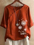Plus Size Dandelion Print Blouse Casual Crew Neck Short Sleeve Blouse For Spring Women's Plus Sizeclothing