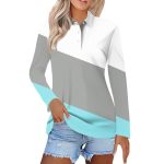 Polo Shirts For Womens V Neck Lapel Long Sleeve Tops With Collar Button Fall Loose Golf Casual Business Tunic BLOUSES2-LIGHT Blu