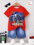 2PCS Boys Casual Monster Truck Print Versatile Short Sleeve T-Shirt & Imitation Denim Shorts Set Cool Lightweight And Comfy Summ