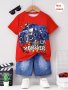 2PCS Boys Casual Monster Truck Print Versatile Short Sleeve T-Shirt & Imitation Denim Shorts Set Cool Lightweight And Comfy Summer Clothes