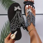 Ladies' Embellished Butterfly Decorated Slide Sandals: Casual Slip-on Flat Summer Shoes With Lightweight Hollow Design