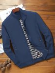 Men's Solid Jacket With Zipper Pockets Casual Stand Collar Zip Up Long Sleeve Outwear For Spring Fall