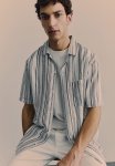 Regular Fit Linen-blend Resort Shirt - Grey Striped