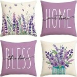 4 Pcs Short Plush Sweet Home Lavender Throw Pillow Covers - 18X18 INCHES 45X45 Cm - Modern Farmhouse Decor For Couch Sofa Car Be