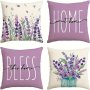 4 Pcs Short Plush Sweet Home Lavender Throw Pillow Covers - 18X18 INCHES/45X45 Cm - Modern Farmhouse Decor For Couch Sofa Car Bedroom Living