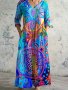 Plus Size Colorful Flower Print Ankle Length Dress Boho Long Sleeve V Neck Dress For Spring & Fall Women's Plus Size Clothing