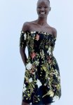 Smocked Off-the-shoulder Dress - Black Floral