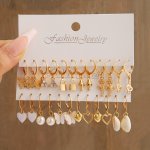 12 Pairs Set Heart Mushroom Lock Shell Faux Pearl Shiny Rhinestone Pendant Dangle Earrings Set Elegant Leisure Style Trendy Fem
