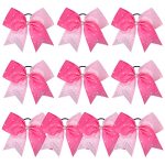 Deeka 10 Pcs Rhinestones Two Toned Large Cheer Hair Bows 7" Glitter Cheer Ponytail Holder Handmade For Teen Girls Softball Cheer