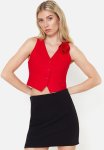 Fitted Rose Detailed Woven Waistcoat - Red