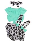 Turquoise Crop Top And Cow Overall Shorts And Headband