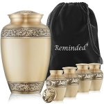 Reminded Set Of 5 Floral Cremation Urns For Human Ashes - 1 Brass Adult + 4 Keepsake Token Size Gold