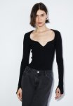 Rib-knit Sweetheart-neck Top - Black
