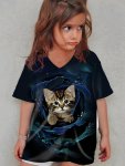 CAT Graphic Short Sleeve V Neck T-Shirt For Girls Casual Comfy Breathable Versatile Tee Top Summer Gift