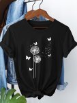 Dandelion & Butterfly Print T-Shirt Short Sleeve Crew Neck Casual Top For Summer & Spring Women's Clothing