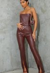 Chocolate Pu Bandeau Split Hem Jumpsuit - Chocolate