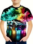 Colorful Smoke And Racing Car 3D Print T-Shirt Tees For Boys Casual Short Sleeve T-Shirt For Summer Spring Fall