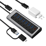 Usb-a 3.0 7-PORT Data Sync Powered Hub Built With Non-detachable Usb-c-to-usb-a 3.0 Cable 1X Usb-a Bc 1.2 Charging Port And Incl