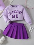 'los Angeles 91 ' Print 2PCS SET Long Sleeve Pullover Top + Pleated Skirt Co-ords Set - Spring fall Girls Casual Outfit Party Gi