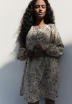 Drawstring-detail Dress - Light Beige Small Flowers