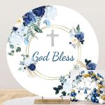 Ttqyfnm 7.5X7.5FT God Bless Round Backdrop Cover Polyester Mi Baptism Blue Flowers Silver Cross Photography Background For Boys
