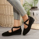 Women's Solid Color Comfort Flats Crisscross Elastic Bands Soft Sole Walking Shoes Low Wedge Daily Footwear