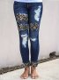 Leopard Print Ripped Patchwork Jeans Distressed Whiskering Skinny Fit Denim Pants Women's Denim Jeans & Clothing