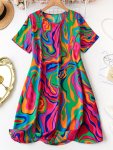 Allover Print Short Sleeve Dress Casual Crew Neck Dress For Spring & Summer Women's Clothing