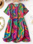 Allover Print Short Sleeve Dress Casual Crew Neck Dress For Spring & Summer Women's Clothing