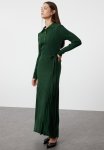 Belted Polo Neck Ribbed Knit Dress - Dark Green