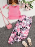 2PCS Trendy Side Ruched Sleeveless Top + Camouflage Pants Girl's Summer Set - Perfect For Casual Outings Gift Idea