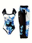 Floral Pattern 2 Piece Swimsuits Bow Tie Shoulder Straps One-piece Bathing-suit & Cover Up Skirt Women's Swimwear & Clothing