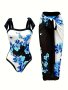 Floral Pattern 2 Piece Swimsuits Bow Tie Shoulder Straps One-piece Bathing-suit & Cover Up Skirt Women's Swimwear & Clothing