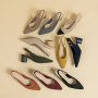 Women's Chunky Heeled Knitted Sandals Solid Color Pointed Toe Elastic Strap Shoes Breathable Slingback Sandals