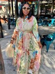 Leaves Print Drawstring Waist Dress Elegant Notched Neck Long Sleeve Maxi Loose Dress For Spring & Fall Women's Clothing