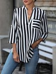 Striped Notched Neck Loose Blouse Casual Roll Up Sleeve Sleeve Blouse For Spring & Fall Women's Clothing
