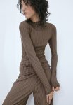 Ribbed Turtleneck Top - Dark Beige