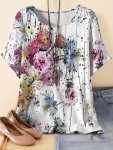 Plus Size Floral Print T-Shirt Casual Crew Neck Short Sleeve Top For Spring & Summer Women's Plus Size Clothing