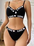 Sexy Lingerie Set Letter Print Contrast Trim Push Up Cami Bra & Panties Women's Lingerie & Underwear