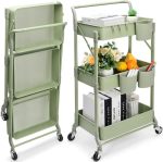 Foldable 3 Tier Rolling Cart Metal Utility Cart Folding Mobile Multi-function Storage Trolley Organizer Cart For Home Library Of
