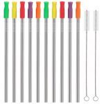 Huaqi Stainless Steel Metal Straws With Silicone Tips Set Of 10 Straight Reusable Drinking Straws For 20OZ 30OZ Tumblers 10.5"