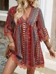 Ethnic Striped V-neck Dress Vacation Style 3 4 Sleeve Lace Trim Trapeze Dress For Spring & Summer Women's Clothing