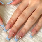 24PCS Blue French Tip Press On Nails 3D Butterfly Rhinestone False Nails - Perfect Christmas Nail Decorations For Women Girls