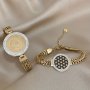 1PC Hollowed Out Round Brand Bracelet Gold-plated Stainless Steel Bracelet Embedded With Rhinestones