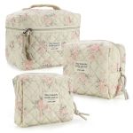 Zerflump Cute Quilted Floral Makeup Bag 3PCS Coquette Aesthetic Cosmetic Bagtravel Toiletry Bags Kawaii Aesthetic Pouch For Wome
