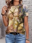 Butterfly Print Crew Neck Ombre T-Shirt Short Sleeve Casual Top For Summer & Spring Women's Clothing