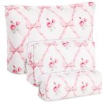 Paterr 3 Pcs Makeup Bag Quilted Cotton Cosmetic Pouch Set Cute Bow Floral Coquette Aesthetic Preppy Makeup Skincare Bag Travel T