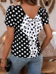 Polka Dot Print Ruffle Trim Crew Neck Blouse Elegant Short Sleeve Color Block Top For Spring & Summer Women's Clothing