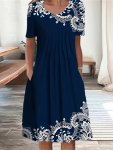 Plus Size Ethnic Print Ruched Dress Elegant Short Sleeve Crew Neck Dress For Spring & Summer Women's Plus Size Clothing